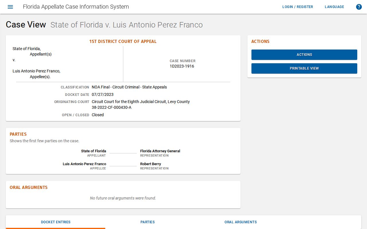 Official ACIS record for a Levy County originating case
