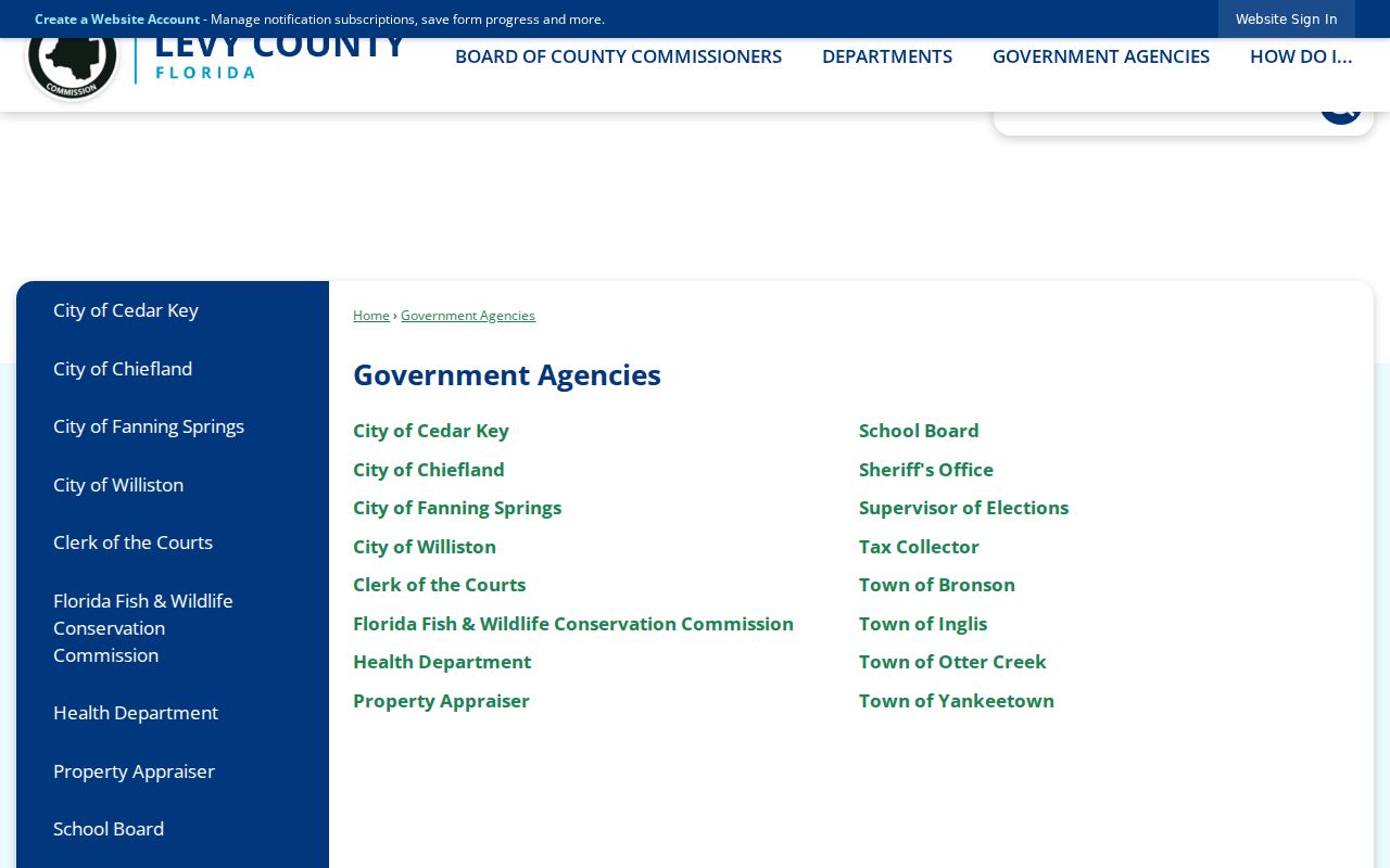 Levy County government agency directory listing the Town of Inglis