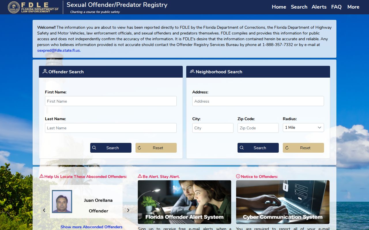 FDLE Florida Sexual Offender and Predator System home screen